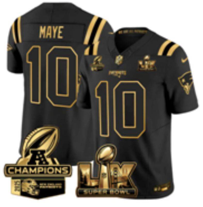 Men 2026 New England Patriots #10 Maye Black Super Bowl Nike Limited NFL Jersey style 01